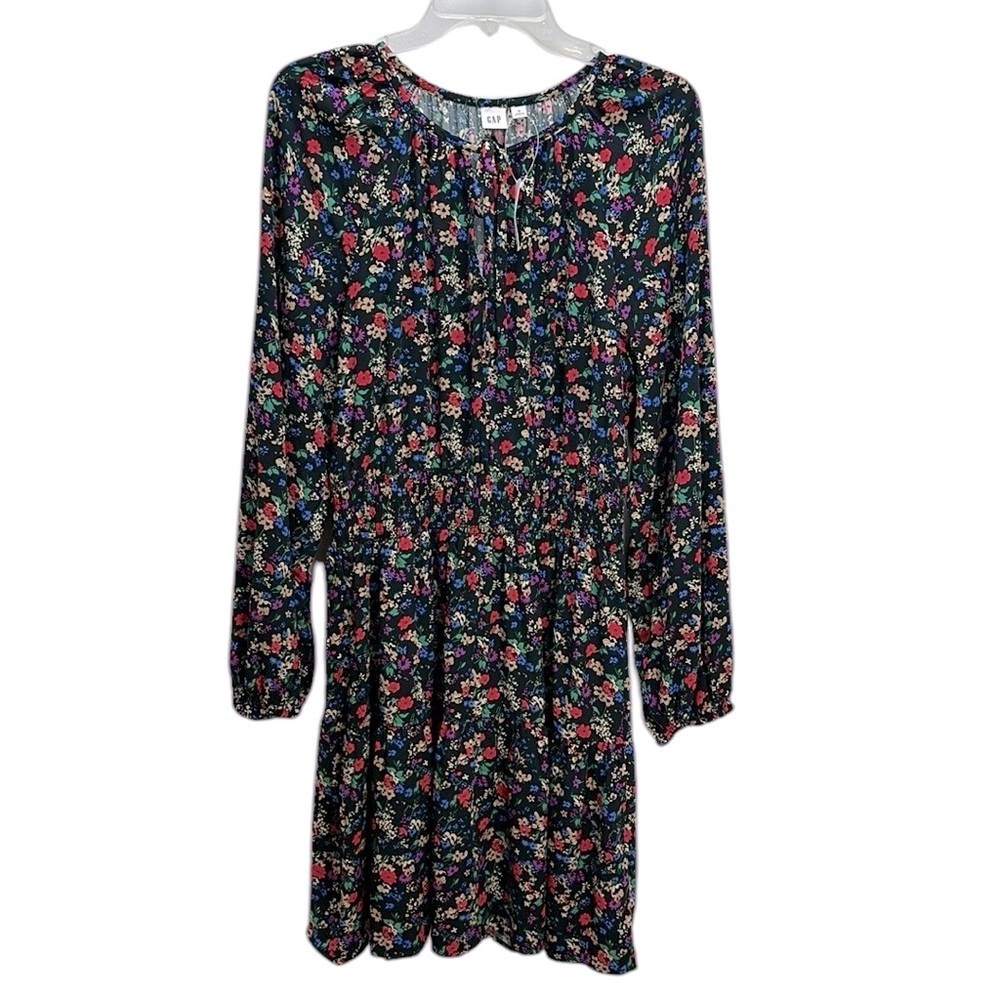 Gap Long Sleeve Smock Waist Splitneck Multi Color Floral Mini Dress M
